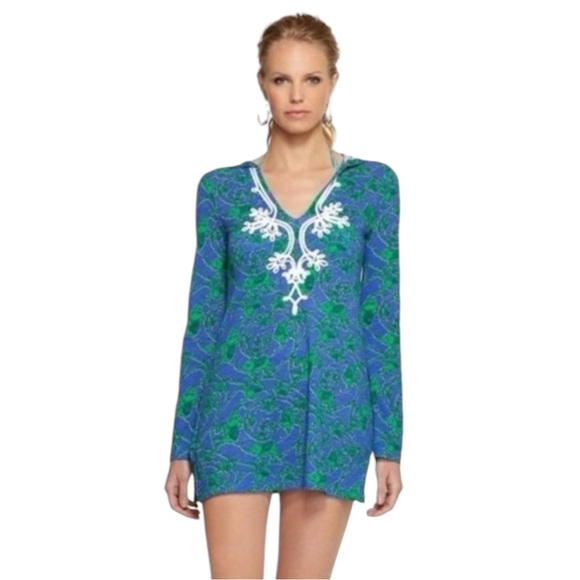 Lilly Pulitzer Noelle Hooded Elephant Print Long Sleeve Tunic Pullover Top Large - Picture 1 of 11